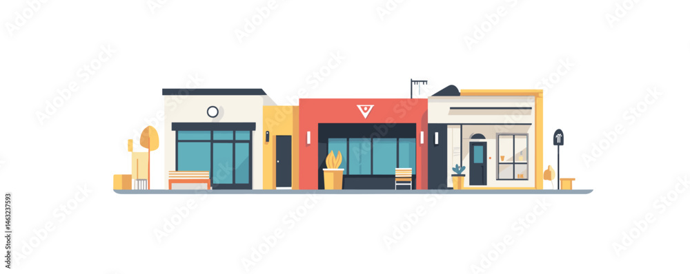Charming urban street scene with various storefronts and modern architecture. Charming urban street scene with various storefronts and modern architecture.