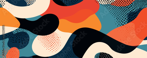 Colorful abstract geometric pattern with organic shapes and dots in bold hues.