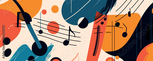 Abstract musical composition with colorful notes and shapes on beige background.
