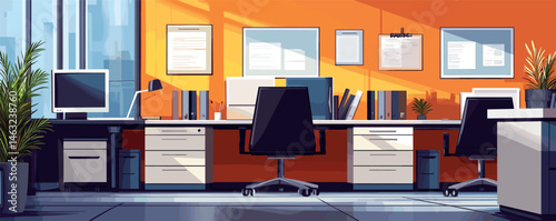 Modern office workspace with dual desks and bright orange wall decor.