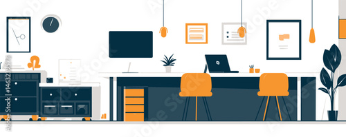 Modern office workspace with stylish furniture and technology for productive environment.