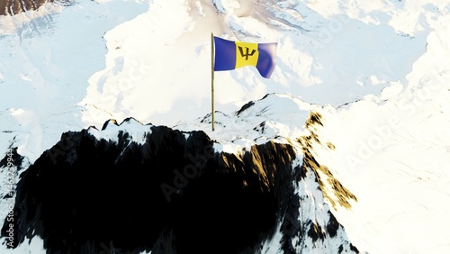 3D rendering of the Barbados national flag, featuring a vertical triband of ultramarine, gold, and ultramarine with a central black broken trident, gracefully waving atop a snow-covered mountain peak. photo
