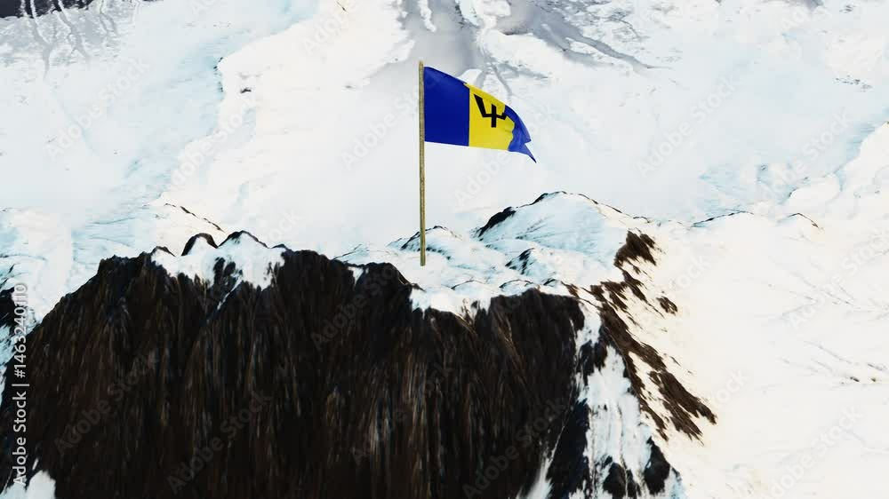 Dynamic 3D animation showcasing the Barbados flag with a central black broken trident on a gold band flanked by ultramarine stripes, fluttering atop a snowy mountain summit, symbolizing national pride