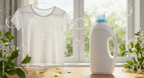 Laundry Detergent Product Shot with Bubbles and Fresh Clean Scent