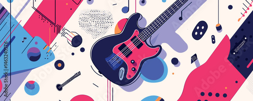Abstract music-themed art with electric guitar and geometric shapes in vibrant colors.