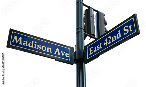 Madison Avenue and East 42nd St street sign. Transparent background.