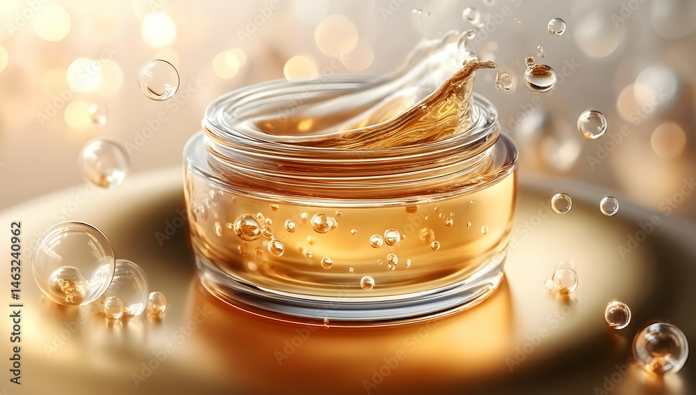 A close-up of a luxurious skincare cream jar with golden essence, surrounded by soft bubbles and shimmering light, evoking a sense of relaxation and beauty. A close-up of a luxurious skincare cream jar with golden essence, surrounded by soft bubbles and shimmering light, evoking a sense of relaxation and beauty.