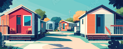 Colorful tiny houses in a sunny residential neighborhood with trees and pathway.