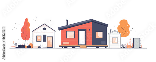Cozy modern tiny houses in a minimalist suburban setting with autumnal trees.