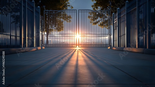 Wallpaper Mural Open Metal Gate at Sunset, Cityscape View, Shadowy Pathway Torontodigital.ca