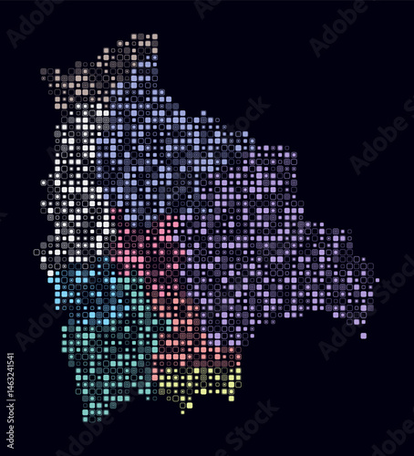 Bolivia, shape of the country build of colored cells. Digital style map of the Bolivia on dark background. Small size rounded square blocks. Classy vector illustration.