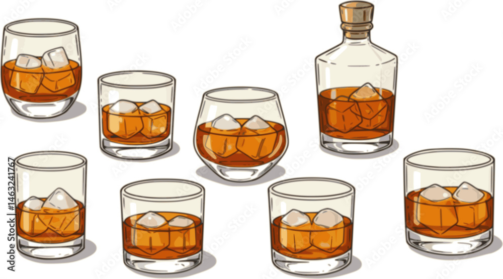 Whiskies and ice. Scotch on the rocks in a glass. Whiskey and soda. Continuous one line drawing color vector illustration. vector set Whiskies and ice. Scotch on the rocks in a glass. Whiskey and soda. Continuous one line drawing color vector illustration. vector set