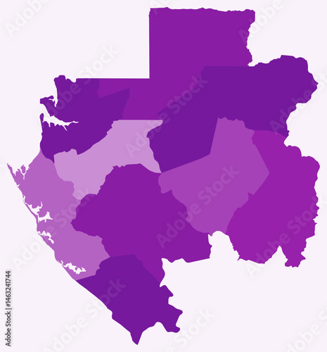 Map of Gabon with regions. A simple country border map with region division. Purple color palette. Blank Gabon shape with administrative division. Vector illustration.