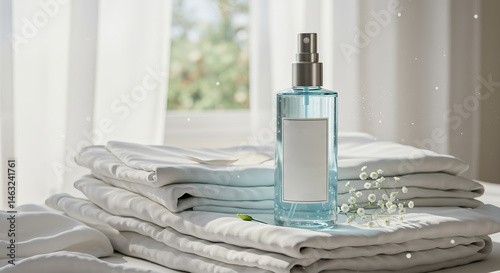 Wallpaper Mural Linen Spray Bottle with White Label on Stacked Folded Laundry Torontodigital.ca