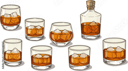 Whiskies and ice. Scotch on the rocks in a glass. Whiskey and soda. Continuous one line drawing color vector illustration. vector set