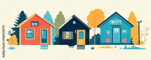 Cozy autumn neighborhood with colorful houses and trees under clear sky.
