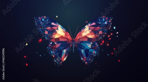 A geometric colorful butterfly illustration floating against a dark background