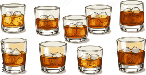 Whiskies and ice. Scotch on the rocks in a glass. Whiskey and soda. Continuous one line drawing color vector illustration. vector set