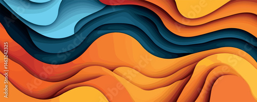 Abstract waves of blue, orange, and yellow in dynamic fluid motion.