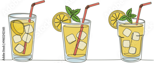 Drink Glass with slice of lime and ice cubes. Lemonade cocktail with mint and straws line art style icon. Continuous line drawing color vector illustration