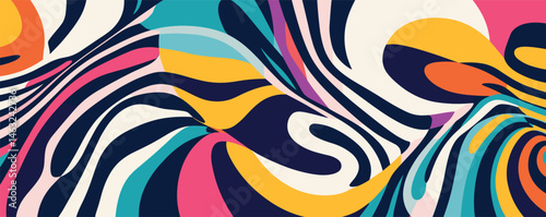 Vibrant abstract pattern with colorful swirls and bold geometric shapes.