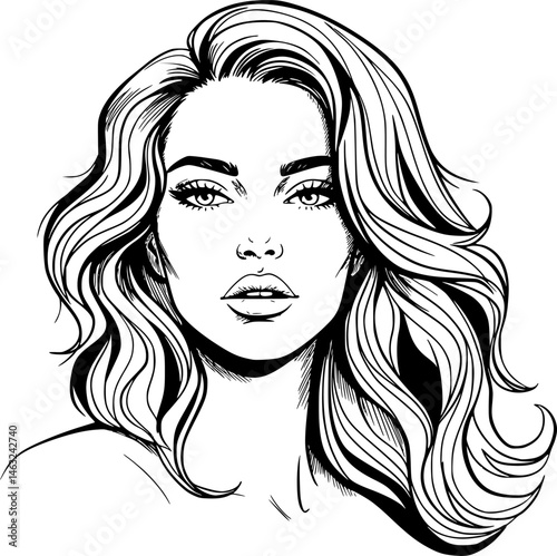 Abstract woman face with wavy hair. Black and white hand drawn line art. Outline vector illustration
