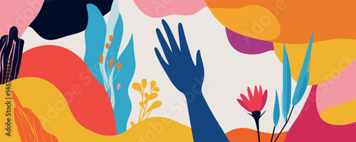 Abstract colorful illustration of hands and plants with bold shapes.