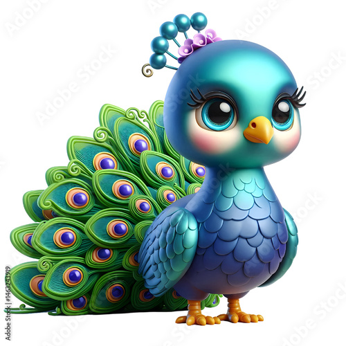 Cute 3d peacock isolated on white background