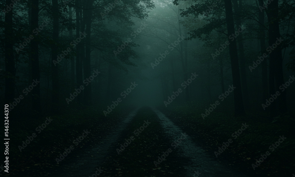 Naklejka premium Walking on Path Through Foggy Woods Mystery in Nature