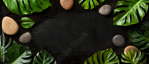 Dark Background With Tropical Leaves And Stones
