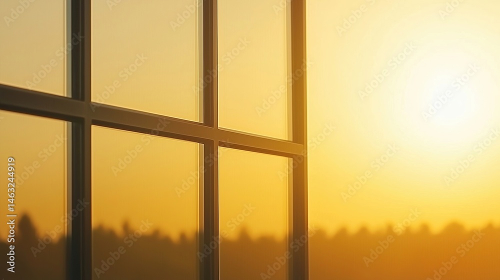 Fototapeta premium A window with sunlight streaming in, overlooking a landscape during a golden sunrise or sunset.