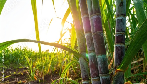 Sugarcane stalks illuminated by the sun, showcasing lush green leaves and a vibrant field backdrop