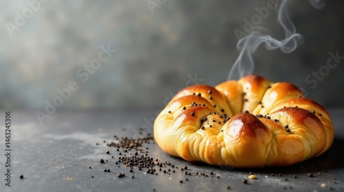 Warm, golden-brown braided bread, freshly baked, with a delightful scattering of seeds, exudes a tempting aroma.