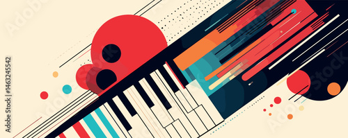 Abstract music-inspired artwork with colorful geometric shapes and piano keys.