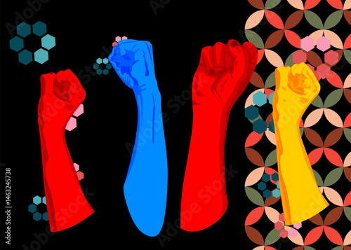 Retro 70s Background with Clenched fist. Groovy raised fists at a demonstration 1970s art template. Minimalistic Vintage design poster. Old-fashioned color artwork.