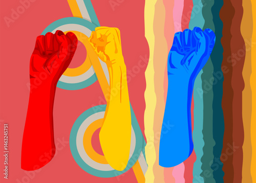 Retro 70s Background with Clenched fist. Groovy raised fists at a demonstration 1970s art template. Minimalistic Vintage design poster. Old-fashioned color artwork.
