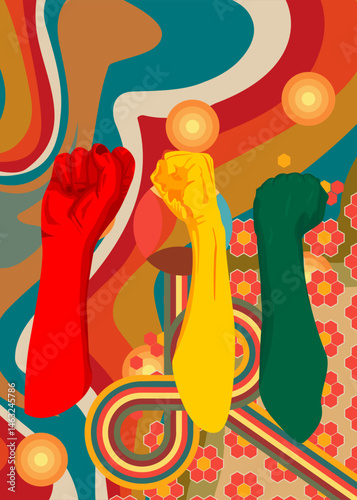 Retro 70s Background with Clenched fist. Groovy raised fists at a demonstration 1970s art template. Minimalistic Vintage design poster. Old-fashioned color artwork.