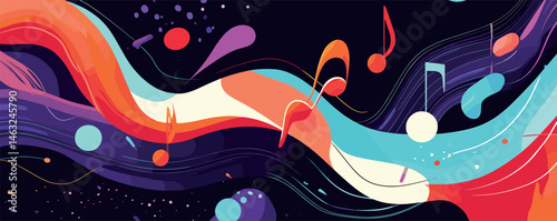 Colorful abstract music-themed artwork with dynamic flowing waves and musical notes.