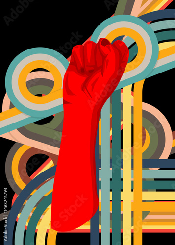 Retro 70s Background with Clenched fist. Groovy raised fists at a demonstration 1970s art template. Minimalistic Vintage design poster. Old-fashioned color artwork.