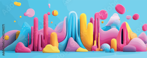 Colorful abstract fantasy landscape with pink, blue, and yellow surreal shapes.