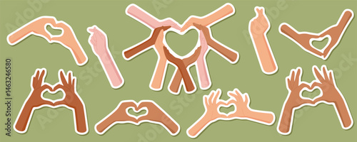 Diverse hand heart sticker set in flat style. Heart gestures symbolize k-pop culture, love, and human friendship. Symbolic design with solidarity and community messages, multicultural creative, ideal