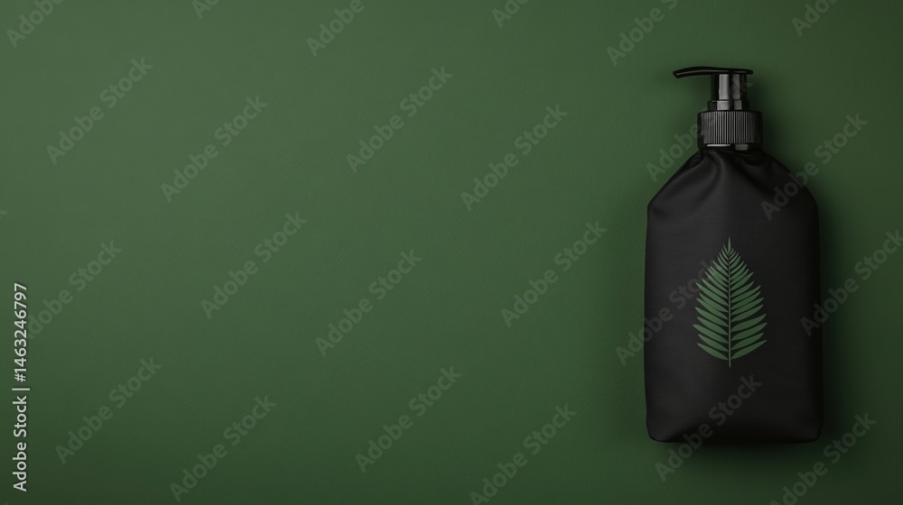Obraz premium Minimalist black pump bottle with a green leaf design on a green background, suggesting eco-friendly or natural skincare or cosmetic product.