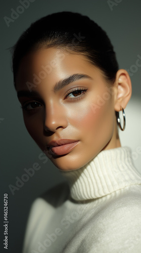 ethnic woman tan skin clean girl skin makeup neutral cosmetics fashion model light shadow studio lighting earrings vertical social media mobile format cinematic marketing professional business woman