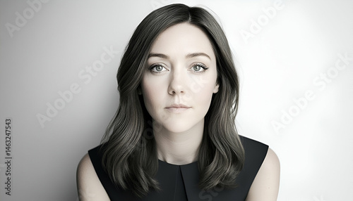 Portrait of a Young Woman with Brown Hair in a Black Sleeveless Dress