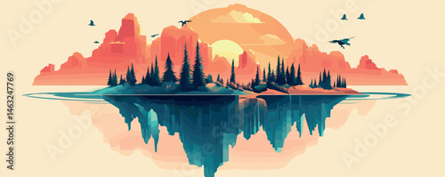 Surreal floating island with pine trees and birds against sunset sky.