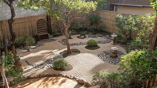 Serene Japanese Zen garden, sunlight, courtyard, tranquility, home design