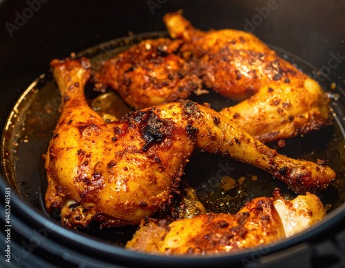 Juicy Spiced Chicken Legs Cooking in Air Fryer with Crispy Skin and Golden Brown Color