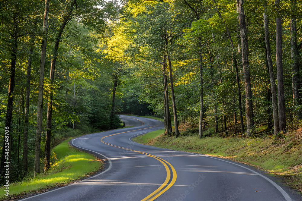 Obraz premium Serene Winding Road Through Lush Green Forest in Summer