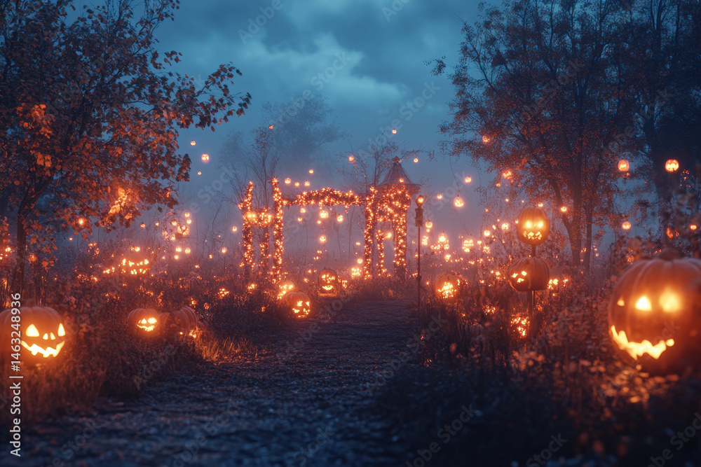 Fototapeta premium Halloween pumpkins illuminated in eerie woods at night, casting a spooky glow among the trees, setting a mysterious atmosphere.
