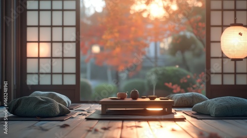Serene autumn sunset view from Japanese tea room